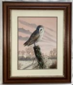 Mark Chester, Contemporary, watercolour and gouache - Winter Watch, a Barn Owl, signed, 39cm x 29cm,
