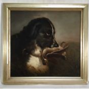 Early 20th century oil on millboard - Game dog holding a snipe