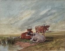 Manner of Thomas Sydney Cooper watercolour - Cattle at Rest, bears signature, 28cm x 36cm, in glazed