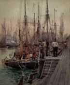 English School, early 20th century, watercolour - Busy Harbour, 30cm x 24cm, in glazed gilt frame