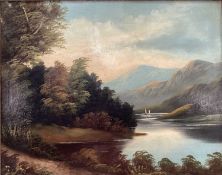 English School oil on board - A Wooded Lakeland view, 50cm x 63cm, framed