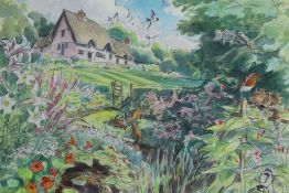 Peter Partington, contemporary, signed pencil and watercolour - spring time garden with birds and an