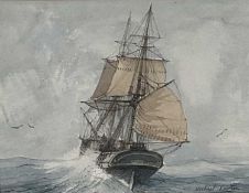 Michael Barton, contemporary, pencil and watercolour - Ship at Sea, signed, 15cm x 19.5cm, in glazed