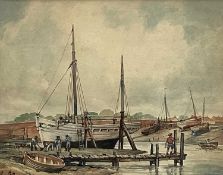 Early twentieth century English School watercolour study - figures and boats in a harbour, framed an