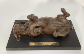 Doris Lindner, cold cast bronze sculpture of a Dachshund, on a stone base