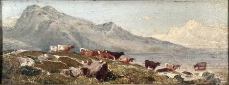 Alpine study of cows approaching a lake, 13cm x 35cm, together with another oil of cows before a vil