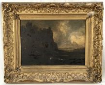 English School, early 19th century oil on panel, landscape with castle, 25 x 33cm, various oil label