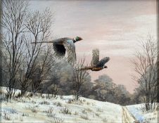 Mark Chester, contemporary, pair of oils on board - Pheasants and Woodcock through the woods, signed