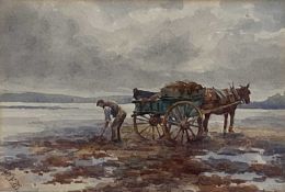 English School, early 20th century, watercolour - Horse and Cart on the Shore, initialled, 16cm x 24
