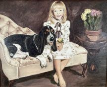 English School signed A.M.T., oil on board - Portrait of a Girl with a Bassett Hound, 40cm x 50cm, f