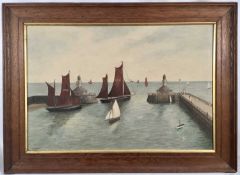 E. C. Kent, oil on board, pier head scene of boats in Lowestoft harbour