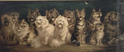 A Cats Chorus, after Louis Wain, coloured Edwardian Print, 41cm x 97cm, in glazed frame