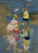 Charles James McCall (1907-1989) coloured lithograph - Children on the Shore, 53cm x 38cm, in glazed