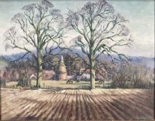 Wyatt, twentieth century oil on board in gilt frame - rural landscape with an oast house beyond, sig