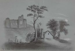 W G Green Victorian English School pencil study of figures before Abbey ruins, signed and dated 1870