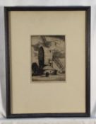 Etching of a mill, framed and glazed