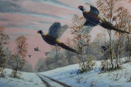 Mark Chester (b. 1960) acrylic on board - Pheasants in flight over a snow covered track, signed, in