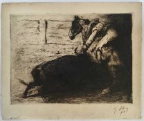 Jean Joseph Delvin (1852-1933) etching - Bullfight, signed and dated 1918, mounted on card