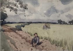 English School watercolour of figures in a rural landscape, 26cm x 37cm, in glazed frame