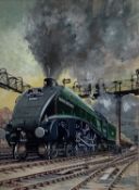 R. B. Way, 20th century, gouache - A train, 'The Elizabethan' in a Station, signed, 39cm x 28cm, in