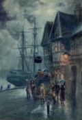 English School, early 20th century watercolour - A Stage Coach beside an Inn and a Harbour, 37cm x 2