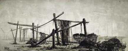 Willis, two 1960s oils on board - Fishing Boats, signed, 37cm x 90cm, in unmatching frames