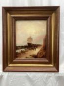 E. Bland, Edwardian oil on board - Ship on the Shore, Scalby Head, signed and dated 1902, 26cm x 21c