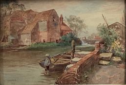 19th century watercolour on board depicting a young boy standing in water with mill behind, signed H