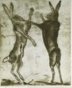 Sonia Rollo, Boxing Hares, limited edition print (80/100), signed in pencil, framed and glazed