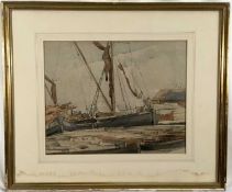 J P Malcolm (early-mid 20th century) watercolour - Haybarge, Bradwell Quay, Essex, signed, 28 x 36cm