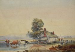 English School, early 19th century, watercolour - Cattle Watering beside a Cottage, 15.5cm x 22cm, i