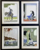 Four Art Deco pochoir prints by Ettore Tito, each framed and glazed