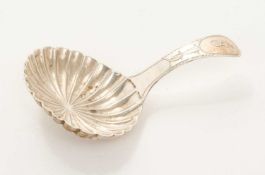 George III silver caddy spoon with shell bowl and Bright Cut handle with engraved initial (Birmingha