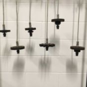 Five upcycled Cog hanging lights, largest 18cm, smallest 12cm diameter, with ceiling fittings (5)