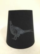 Black linen tapered lamp shade decorated with a pheasant, 36cm high