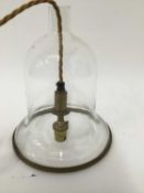 Glass hanging lantern of bell form with brass band on gold hanging cord with brass ceiling rose. 26c
