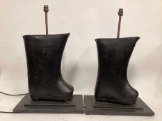Pair of Shanghai Warrior Snow Boot lamps, 63cm high to top of light fitting, on 23cm x 40.5cm base (