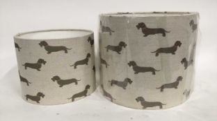 Two Emily Bond round lamp shades decorated with dachshunds, 20cm and 26cm high