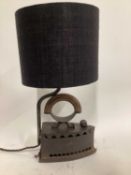 Vintage Iron lamp, 47cm with half linen shade, 20cm x 10cm bottom