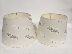 Near pair of tapered round lamp shades decorated with Swiss mountain scenes, 31.5cm and 30.5cm high