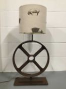 Industrial Wheel lamp with Emily Bond Pig drum shade, 87cm high with shade, wheel diameter 43cm, on