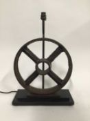 Industrial Wheel lamp, 51cm high to top of light fitting, 34cm diameter wheel, on 35cm x 15cm base