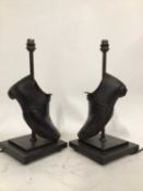 Pair of Vintage Clog lamps (wood and leather, and of Lancashire origin) 38cm including fittings on 8