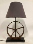 Industrial Wheel lamp with grey shade, 70cm high with shade, on 35cm x 15cm base