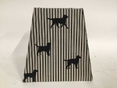 Emily Bond square tapered lamp shade decorated with black Labradors on black ticking fabric, 28cm hi