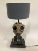 Old Gas Mask lamp with blue shade, 61cm with shade, 52cm without shade, on 23cm square base