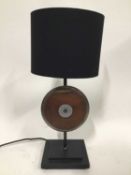 Old Wooden Discus lamp with half shade, 54cm high with shade, on 17cm square base