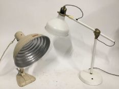 Retro Heater lamp, together with a modern white desk lamp, the heater head 26cm diameter, and stands