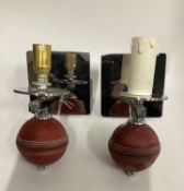 Pair Single Cricket Ball silver wall sconces, on 11cm square mounts, 17cm deep