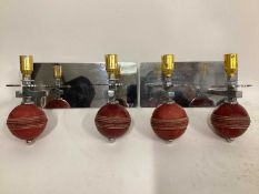 Pair Twin Cricket Ball silver wall sconces, on 11cm x 27cm mounts, 17cm deep
